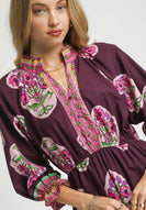 Umgee Flower Print with Contrasting Print Boarder Midi Dress in Plum Mix