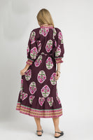 Umgee Flower Print with Contrasting Print Boarder Midi Dress in Plum Mix