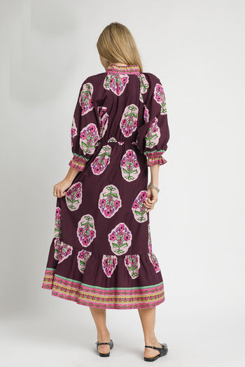 Umgee Flower Print with Contrasting Print Boarder Midi Dress in Plum Mix