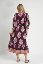 Load image into Gallery viewer, Umgee Flower Print with Contrasting Print Boarder Midi Dress in Plum Mix
