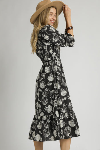 Umgee Two Tone Floral Print Midi Dress in Black