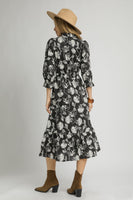 Umgee Two Tone Floral Print Midi Dress in Black