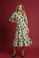 Umgee Two Tone Floral Print Midi Dress in Cream