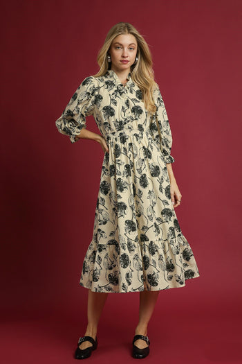 Umgee Two Tone Floral Print Midi Dress in Cream