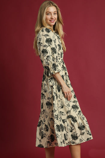 Umgee Two Tone Floral Print Midi Dress in Cream