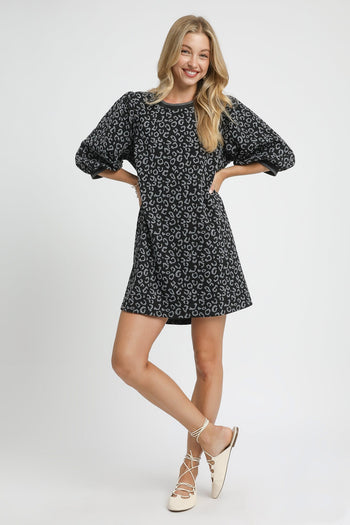 Umgee Leopard Jacquard Print Mini Dress in Charcoal