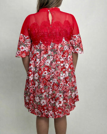 Jodifl Lace and Floral Dress in Tomato Red
