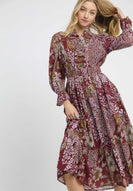 Umgee Boho Patchwork Mixed Print Midi Dress in Merlot Mix