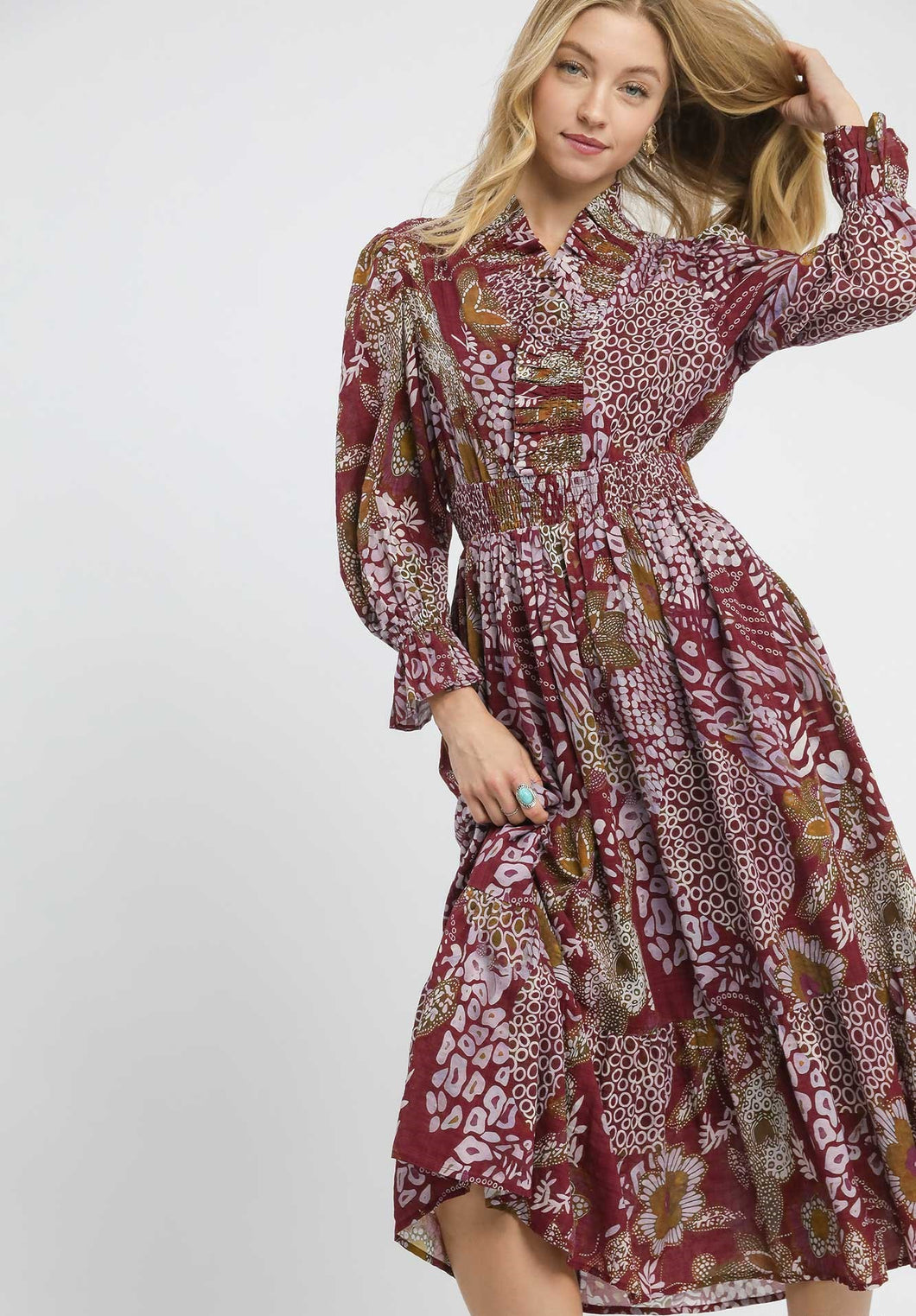 Umgee Boho Patchwork Mixed Print Midi Dress in Merlot Mix