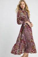 Umgee Boho Patchwork Mixed Print Midi Dress in Merlot Mix