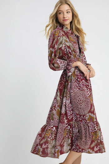 Umgee Boho Patchwork Mixed Print Midi Dress in Merlot Mix