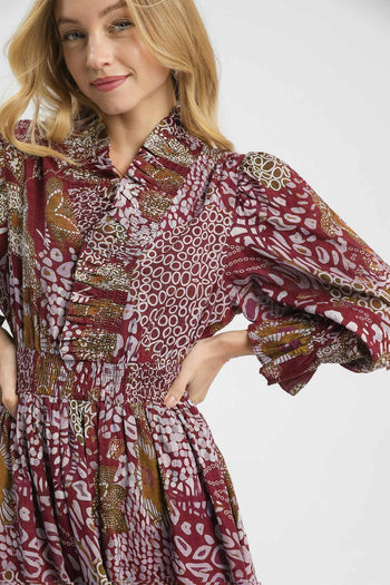 Umgee Boho Patchwork Mixed Print Midi Dress in Merlot Mix