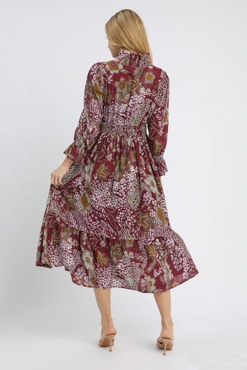 Umgee Boho Patchwork Mixed Print Midi Dress in Merlot Mix