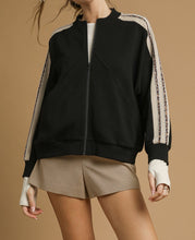 Load image into Gallery viewer, Umgee Luxeknit Jacket with Contrasting Stripe Sleeves in Black
