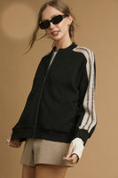 Umgee Luxeknit Jacket with Contrasting Stripe Sleeves in Black