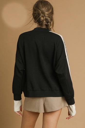 Umgee Luxeknit Jacket with Contrasting Stripe Sleeves in Black
