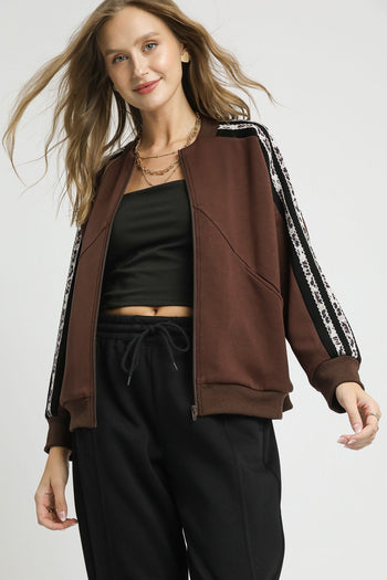 Umgee Luxeknit Jacket with Contrasting Stripe Sleeves in Chocolate