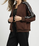 Umgee Luxeknit Jacket with Contrasting Stripe Sleeves in Chocolate