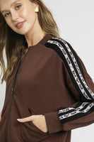 Umgee Luxeknit Jacket with Contrasting Stripe Sleeves in Chocolate