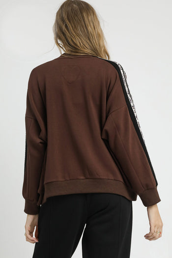 Umgee Luxeknit Jacket with Contrasting Stripe Sleeves in Chocolate