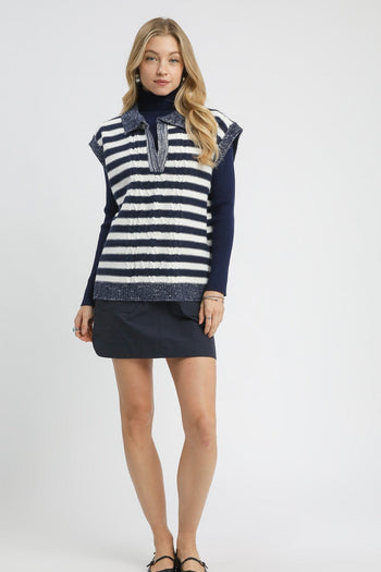 Umgee Cable Knit Collared Vest Sweater in Navy