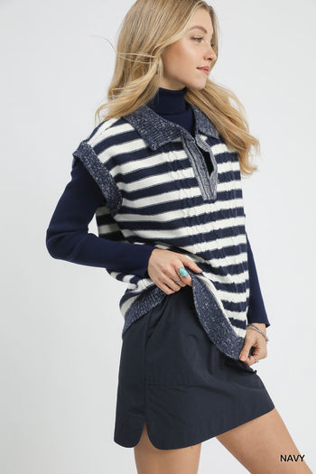 Umgee Cable Knit Collared Vest Sweater in Navy