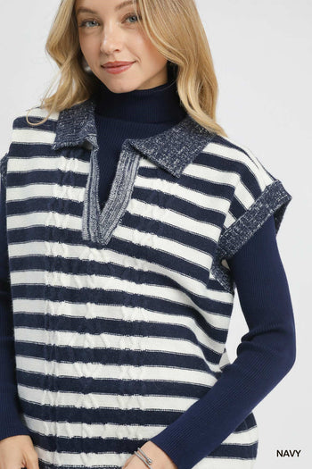 Umgee Cable Knit Collared Vest Sweater in Navy