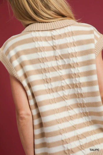 Umgee Cable Knit Collared Vest Sweater in Taupe