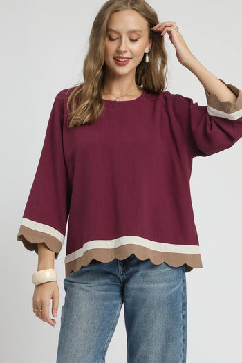Umgee Color Block Linen Blend Top in Merlot