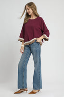 Umgee Color Block Linen Blend Top in Merlot