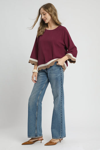 Umgee Color Block Linen Blend Top in Merlot