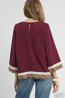 Umgee Color Block Linen Blend Top in Merlot
