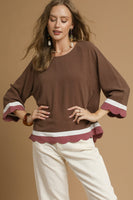 Umgee Color Block Linen Blend Top in Mocha