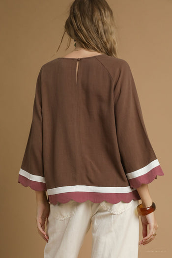 Umgee Color Block Linen Blend Top in Mocha