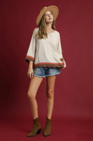 Umgee Color Block Linen Blend Top in Oatmeal