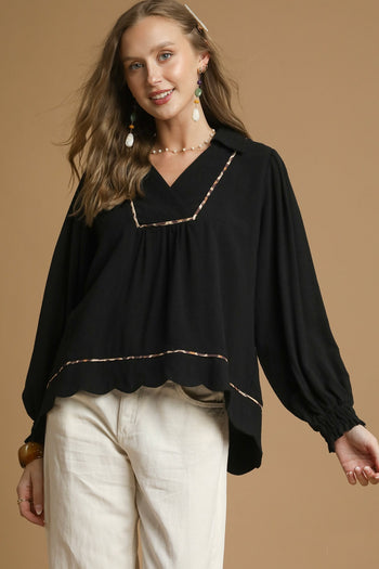 Umgee Linen Blend Top with Leopard Trim in Black