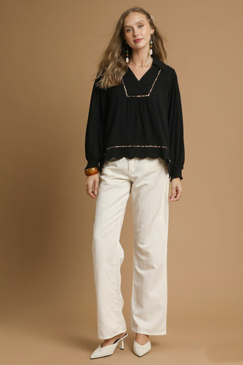 Umgee Linen Blend Top with Leopard Trim in Black