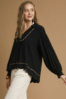 Umgee Linen Blend Top with Leopard Trim in Black