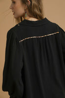 Umgee Linen Blend Top with Leopard Trim in Black