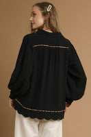 Umgee Linen Blend Top with Leopard Trim in Black