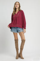 Umgee Linen Blend Top with Leopard Trim in Merlot