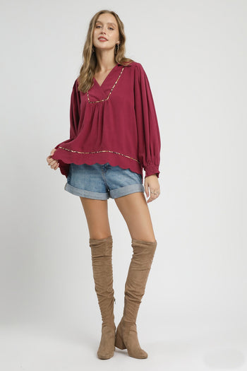 Umgee Linen Blend Top with Leopard Trim in Merlot