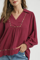 Umgee Linen Blend Top with Leopard Trim in Merlot