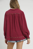 Umgee Linen Blend Top with Leopard Trim in Merlot