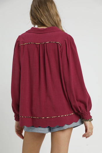 Umgee Linen Blend Top with Leopard Trim in Merlot