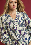 Umgee Floral Print Ruffle Trim Top in Off White