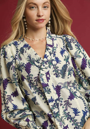 Umgee Floral Print Ruffle Trim Top in Off White
