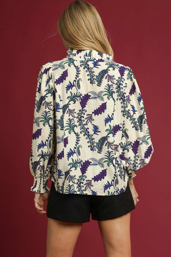 Umgee Floral Print Ruffle Trim Top in Off White