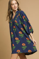 Umgee Floral Print Baby Doll Tunic Dress in Navy Mix
