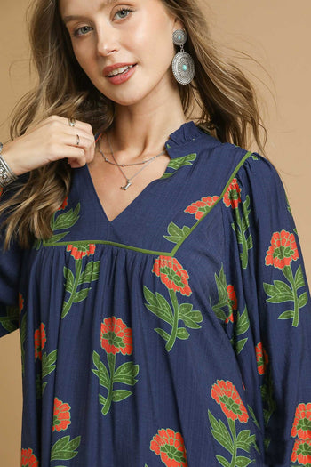 Umgee Floral Print Baby Doll Tunic Dress in Navy Mix